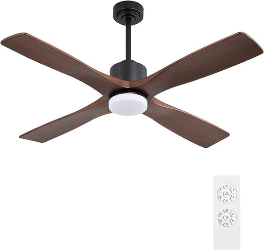 WINGBO 54 Inch DC Ceiling Fan with Lights and Remote Control, 4 Carved Solid Wood Blades, 6-Speed Noiseless Reversible DC Motor, Modern Ceiling Fan in Black Finish with Walnut Blades, ETL Listed