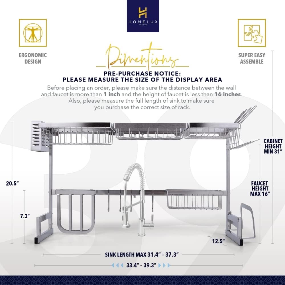 HOMELUX THEORY Over The Sink Dish Drying Rack Premium Stainless Steel. Adjustable Kitchen Rack. Above Sink Dish Rack Shelf Kitchen Counter Organizer Dishrack. 2 Tier (Silver, Adjustable)