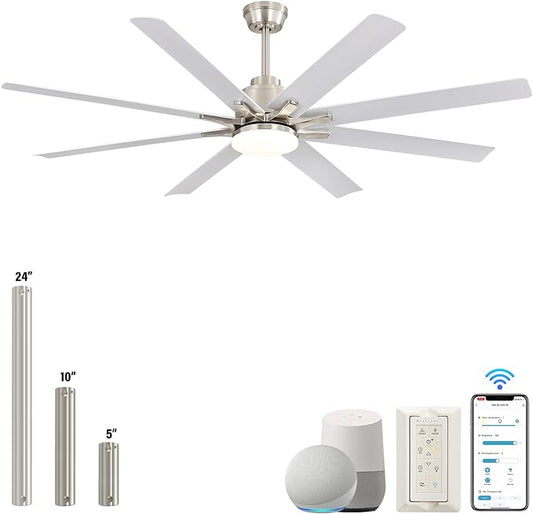 Sofucor 66 Inch Ceiling Fans with Lights Remote Control Dimmable Smart Control Ceiling Fan with 6-Speed DC Motor Reversible Modern Industrial White Ceiling Fan for Home Office Patios(8 Blades)…