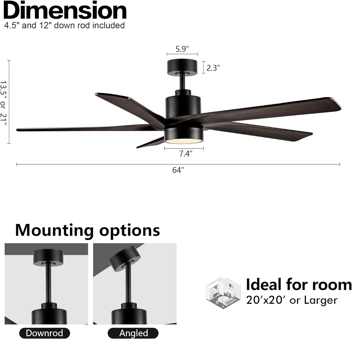 WINGBO 64 Inch DC Ceiling Fan with Lights and Remote Control, 5 Reversible Carved Wood Blades, 6-Speed Noiseless DC Motor, Modern Ceiling Fan in Matte Black Finish with Walnut Blades, ETL Listed