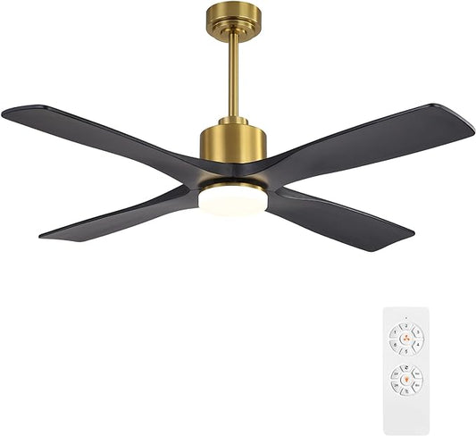 WINGBO 54 Inch DC Ceiling Fan with Lights and Remote Control, 4 Carved Solid Wood Blades, 6-Speed Noiseless Reversible DC Motor, Modern Ceiling Fan in Brass Finish with Black Blades, ETL Listed