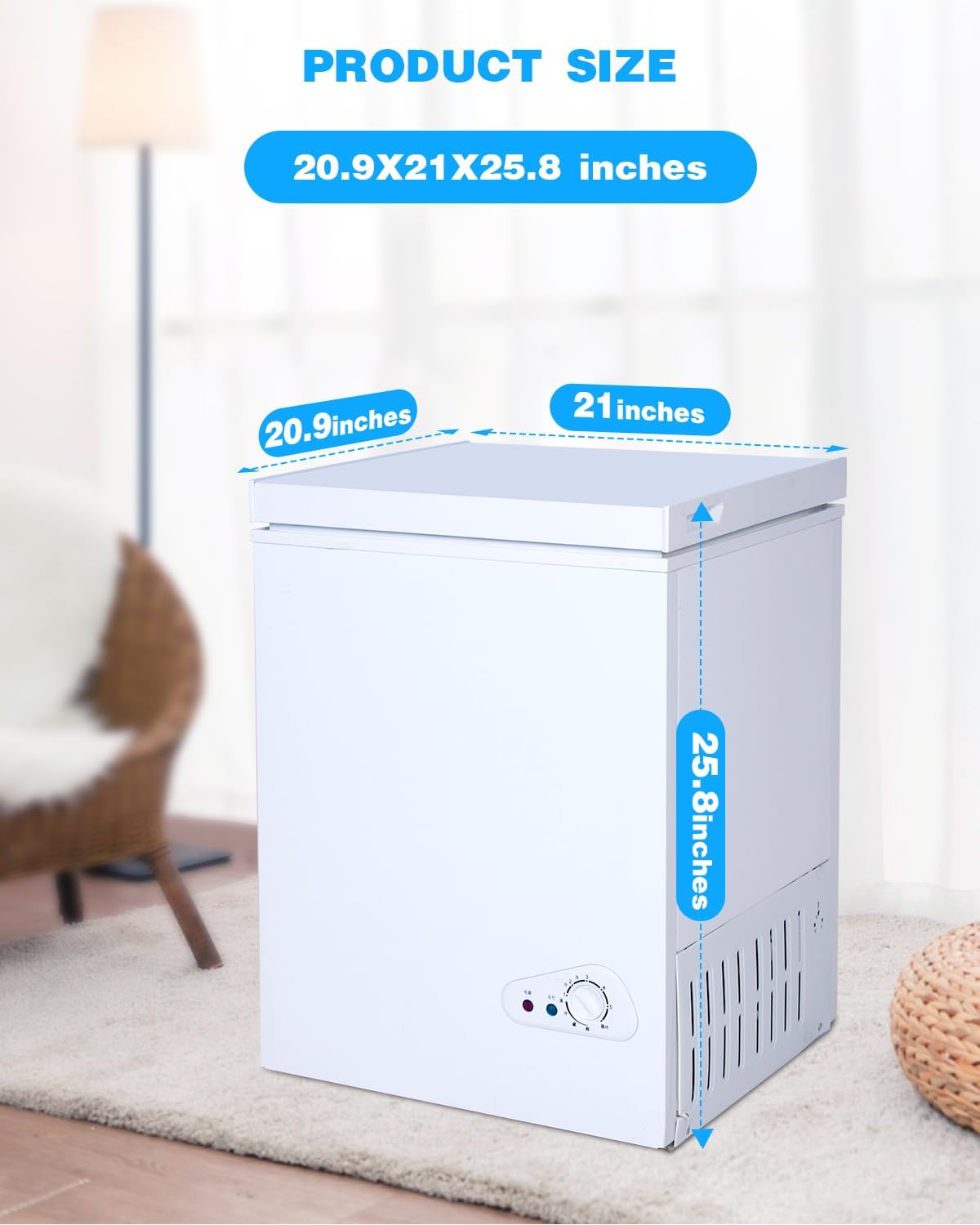 FLG-80Q 3.5 Cu.Ft Chest Removable Basket 7 Gears Adjustable Temperature Control(-18°F to-46°F), Deep Compact Freezer for Garage, Office, Basement, House, Kitchen, Shop, RVs-White