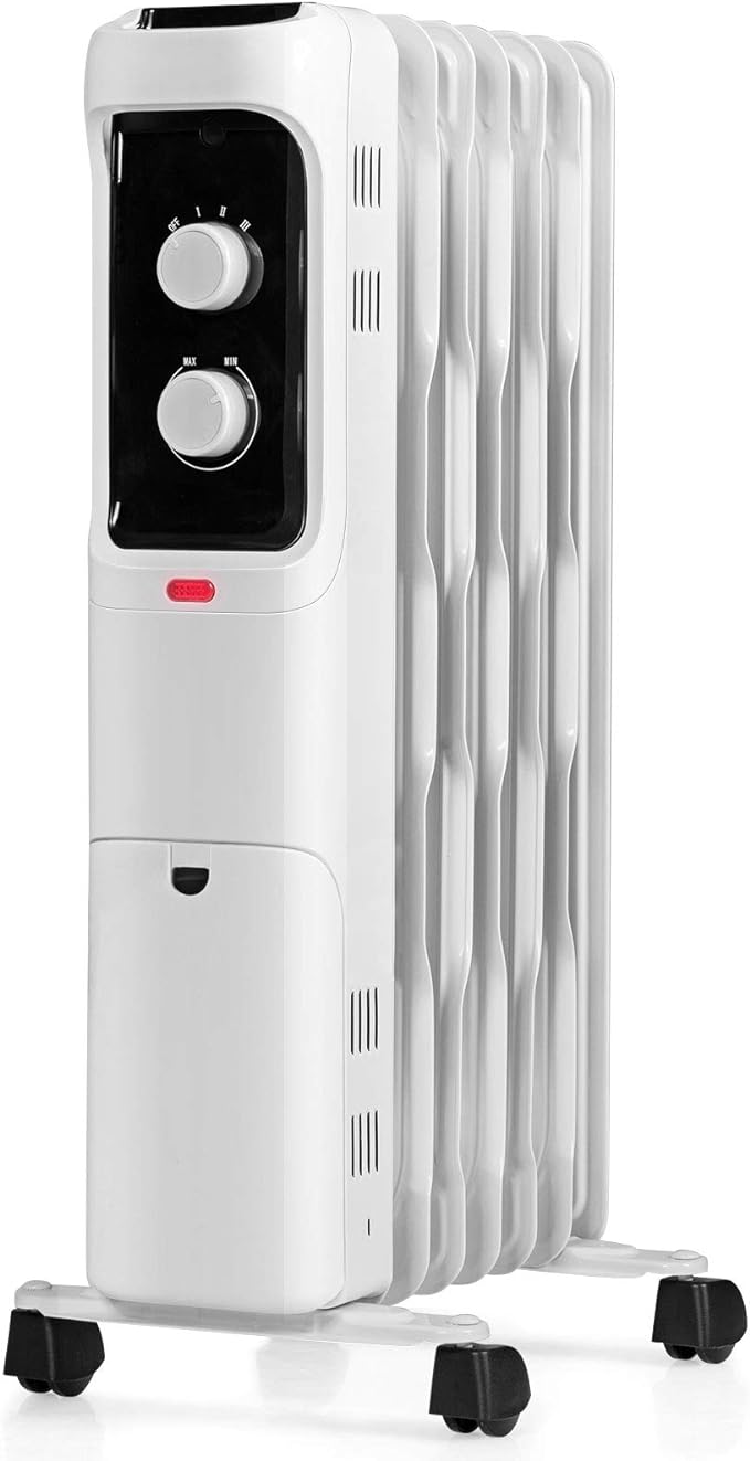 1500W Oil Filled Radiator Heater, Portable Space Heater w/Tip-Over & Overheat Protection, Adjustable Thermostat & 3 Heat Settings, Energy-Saving Heater for Home Office (White), 13” x 10” x 25”