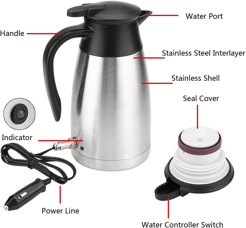 1000ML Car Electric Kettle, Water Heater Bottle 12/24V Heating Boiler 304 Stainless Steel Mug Kettle for Travel Camping Lorry Truck-Food-Grade