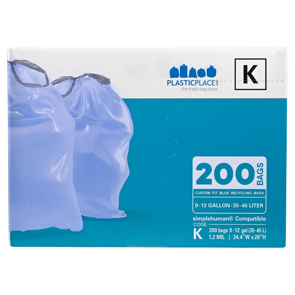 Plasticplace Custom Fit Trash Bags, Compatible with simplehuman Code K (100 Count) Tinted Blue Drawstring Garbage Liners 10 Gallon / 38 Liters, 24" x 28"