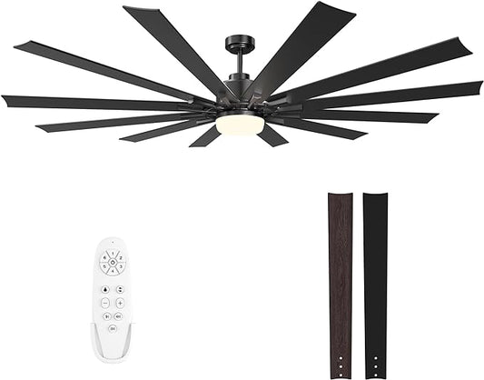 84" Large Ceiling Fans with Lights and Remote - Indoor/Outdoor Ceiling Fan with Light, 12 Blades, Large Air Volume, Reversible Quiet DC Motor, Dimmable Walnut/Black Large Ceiling Fan for Living Room