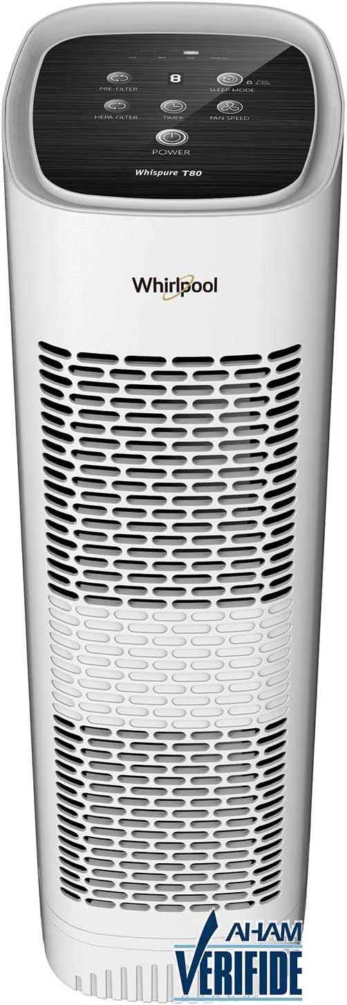 Whirlpool Whispure WPT80P True HEPA Air Purifier, Activated Carbon Advanced Anti-Bacteria, Ideal for Allergies, Odors, Pet Dander, Mold, Smoke, Smokers, and Germs, Large, White