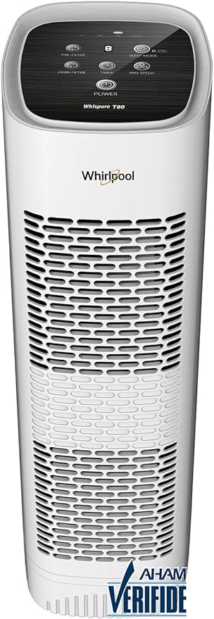 Whirlpool Whispure WPT80P True HEPA Air Purifier, Activated Carbon Advanced Anti-Bacteria, Ideal for Allergies, Odors, Pet Dander, Mold, Smoke, Smokers, and Germs, Large, White