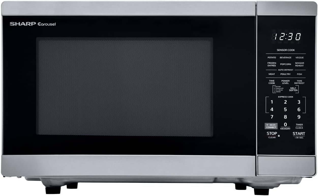 SHARP Countertop Microwave Oven. Compatible with Alexa. Orville Redenbacher's Certified. Removable 12.4" Carousel Turntable, 1.4 Cubic Feet, 1100 Watt with Inverter Technology, Stainless Steel