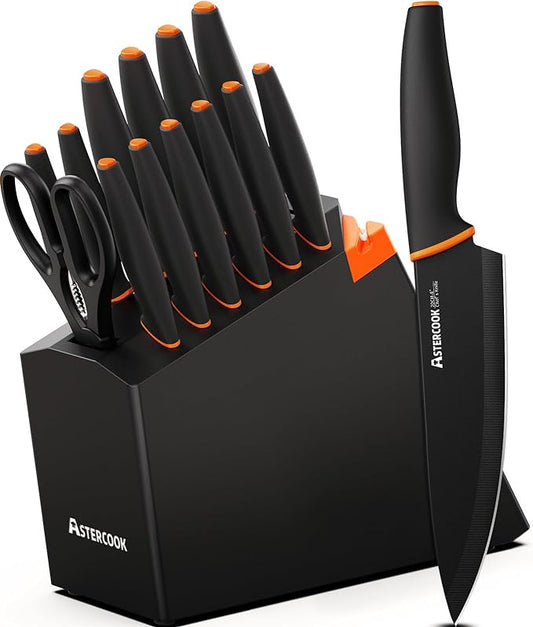 Knife Set, Astercook 15 Pcs Dishwasher Safe Kitchen Knife Set with Built-in Sharpener, High Carbon German Stainless Steel Black Knife Block Set