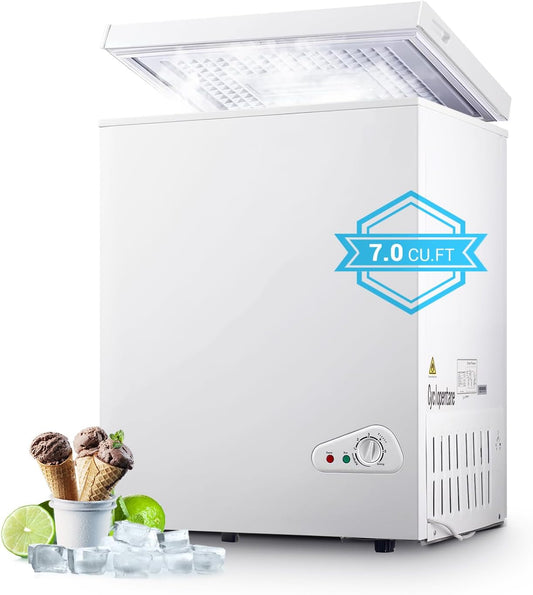 Chest Freezer 7.0 cu.ft Compact Freezer Top Door, White Deep Freezer Low Noise 7-grade Temperature Control Manual defrost with 2 Removable Basket, Applicable to Kitchen Office Bar