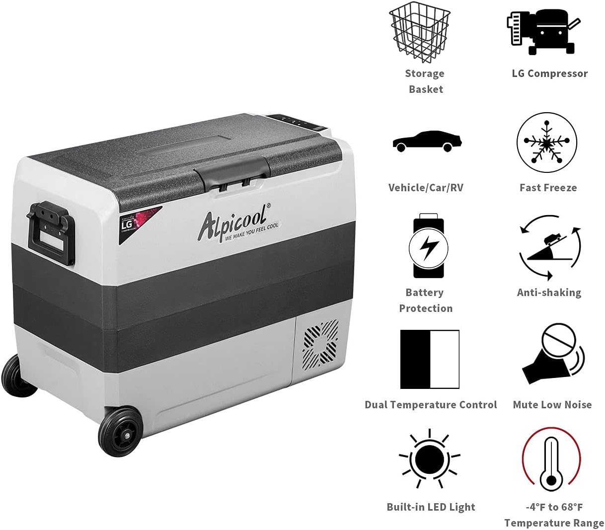 Alpicool APLT60-LG Dual Temperature Control 12 Volt Refrigerator Portable Car Fridge Freezer 63 Quart（-4°F~68°F） for Truck,RV,Boat,Camping and Travel