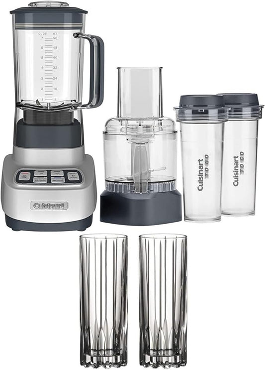 Cuisinart Velocity Ultra Trio 1HP Blender/Food Processor with Travel Cups Bundle with Fizz Cocktail Glasses (2 Items)