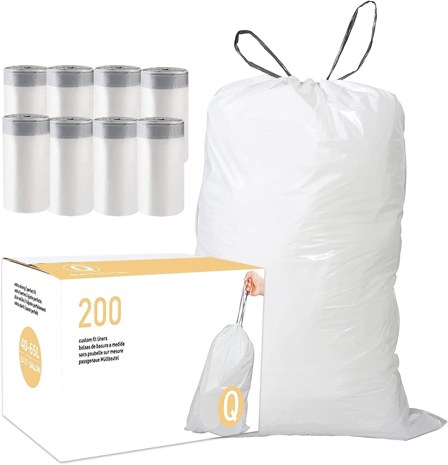 Code Q (200 Count) 13-17 Gallon Heavy Duty Drawstring Plastic Trash Bags Compatible with simplehuman Code Q,1.2 Mil,White Drawstring Garbage Liners 13-17 Gallon/40-65 Liter