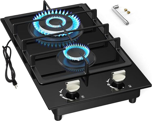 Gas Cooktop 2 Burner, NG/LPG Dual Fuel Gas Stove Top, Built-in Gas Cooker with Thermocouple Protection,Tempered Glass Gas Propane Cooktops,Electronic Ignition Gas Hob for Outdoor, Camping, RV