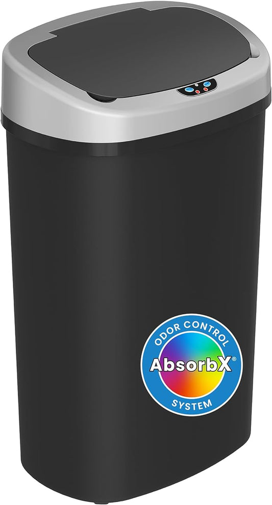 iTouchless 13 Gallon Sensor Kitchen Trash Can with Lid and Odor Filter, Durable Dent-Proof Plastic Automatic Waste Basket Garbage Bin Great for Home, Office, Business, Slim Space-Saving, Oval, Black