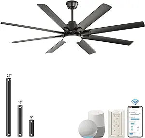 Sofucor 66 Inch Ceiling Fans with Lights Remote Control Dimmable Smart Control Ceiling Fan with 6-Speed DC Motor Reversible Modern Industrial Black Ceiling Fan for Home Office Patios(8 Blades)…