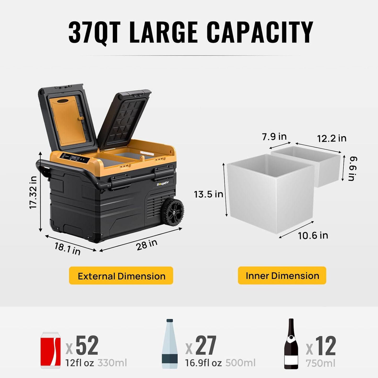 BougeRV 12 Volt Car Refrigerator Dual Zone, Portable Freezer Fridge APP Control, CRD35 (35L) Compressor Freezer Fridge 12V/24VDC 110~240V AC, for Truck Van RV Camper SUV Boat Travel Camping Road Trips