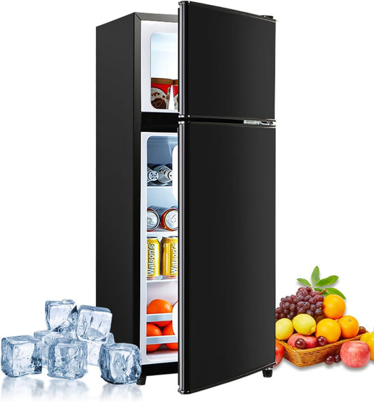 3.5 Cu. Ft. Capacity Double-door Compact Fridge with Freezer and 7-Level Thermostat, Compact Convenience and Energy Savings, Ideal for Apartments, Dorms, Home Offices and Bars, Black Color