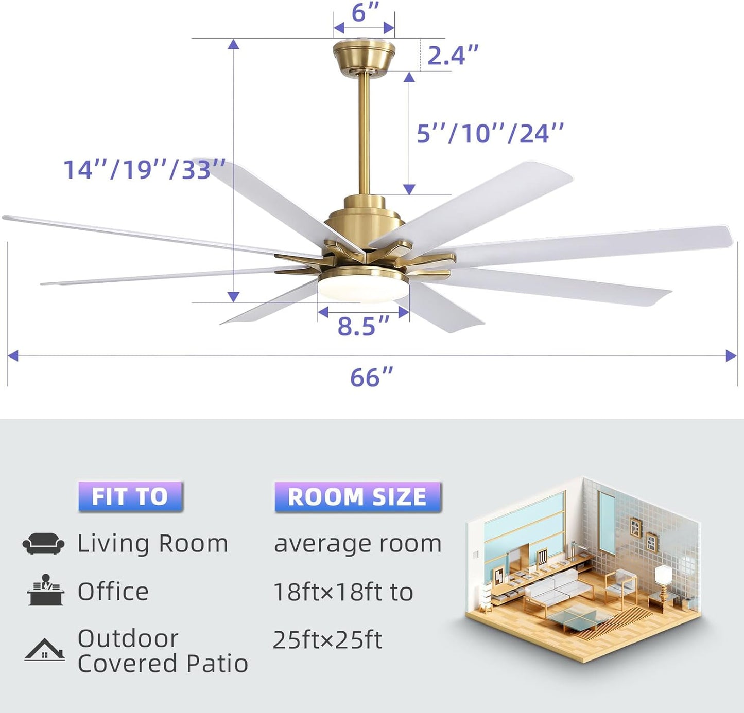 Sofucor 66 Inch Ceiling Fans with Lights and Remote, Smart Ceiling Fan with 6-Speed DC Motor Reversible Modern Industrial Gold and White Ceiling Fan for Bedroom Office Patios(8 Aluminum&ABS Blades)