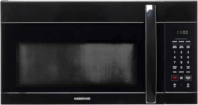 Farberware Over-the-Range Microwave Oven, 1.7 Cu. Ft. - 1000W - Auto Reheat, Multi-Stage Cooking, Melt/Soften Feature, Child Safety Lock, LED Display - Space Efficient & Powerful - Black