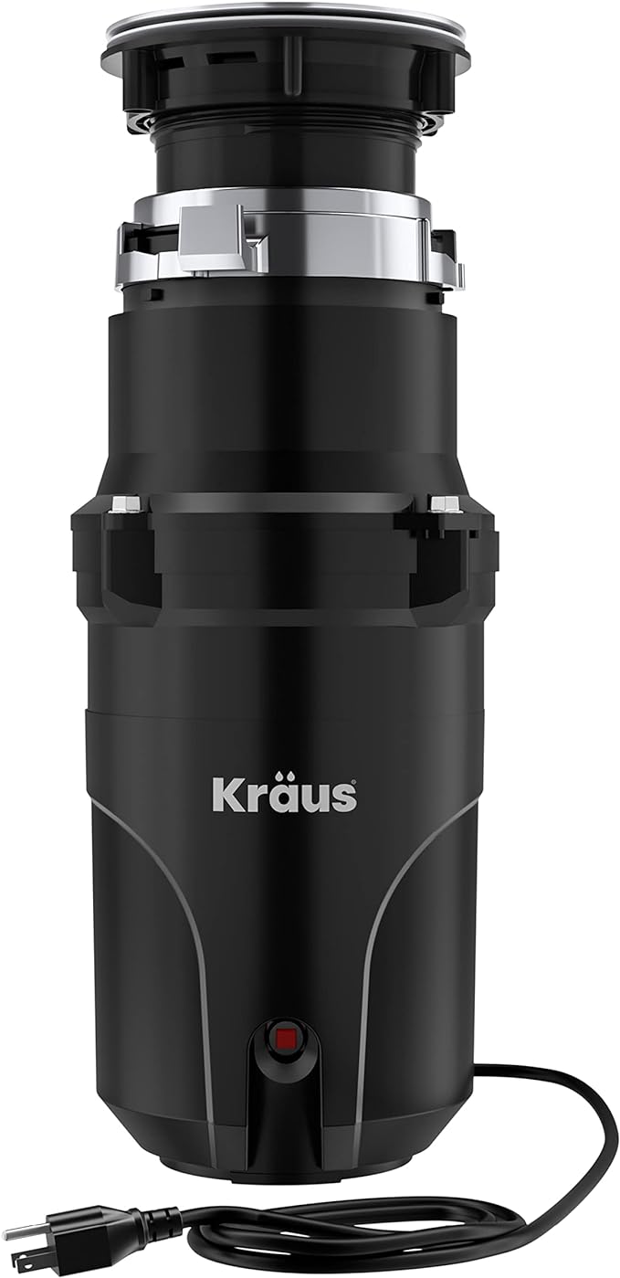 Kraus KWD100-33MBL WasteGuard Continuous Feed Garbage Disposal with Ultra-Quiet Motor for Kitchen Sinks with Power Cord and Flange Included, 1/3 HP, Black-Quick-Connect