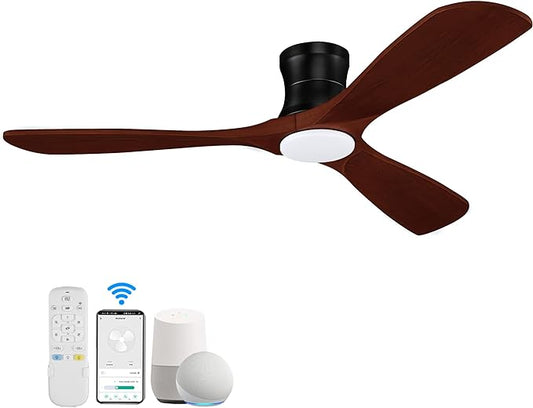 52” Smart Low Profile Ceiling Fans with Lights Remote,3 Wood blade,Quiet DC Motor,Outdoor Indoor Flush Mount Ceiling Fan,Voice Control via WIFI Alexa App,Modern Lighting& Ceiling fan for Bedroom Patio