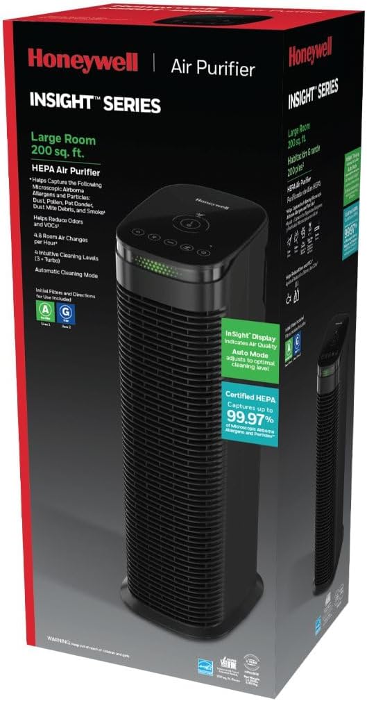 Honeywell InSight HEPA Air Purifier with Air Quality Indicator and Auto Mode, Large Rooms, Bedrooms, Home (200 sq. ft), Black - Reduces Airborne Allergens, Smoke, Dust, Pollen, Pet Dander, HPA180B