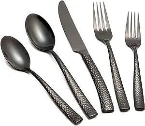 Silverware Set Black Flatware Set Stainless Steel 40 Pieces Cutlery Set Hammered Pattern Mirror Polished Home Hotel Use Service for 8