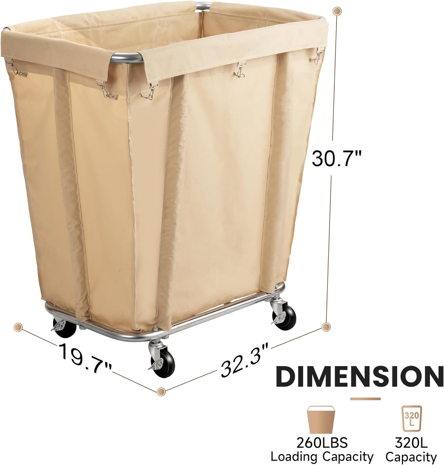 Laundry Cart with Wheels, 320L Capacity Commercial Laundry Sorter Rolling Laundry Hamper with Waterproof Oxford Basket and Sturdy Steel Frame, 260 lbs Load, Beige