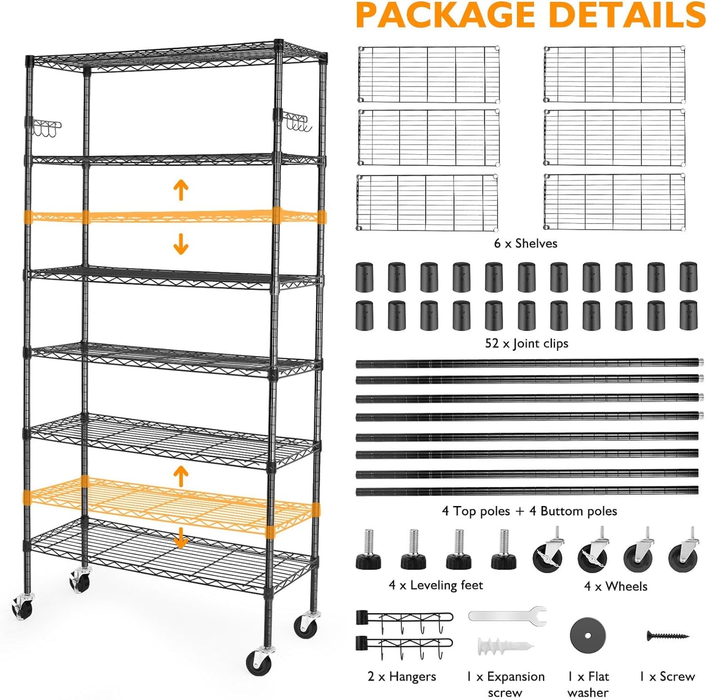 6 Tier Storage Shelves with Wheels, 2100lbs Capacity Heavy Duty Shelving Units, 14x36x75inch Adjustable Metal Shelf Wire Shelving Rack for Garage, Kitchen, Office, Black