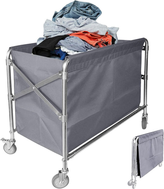 Folding Laundry Cart Commercial Rolling Laundry Basket Trucks with Wheels 440lbs Load Capacity Stainless Steel Laundry Trolley Cart for Industrial/Home 34 * 21 * 31inches (Gray)