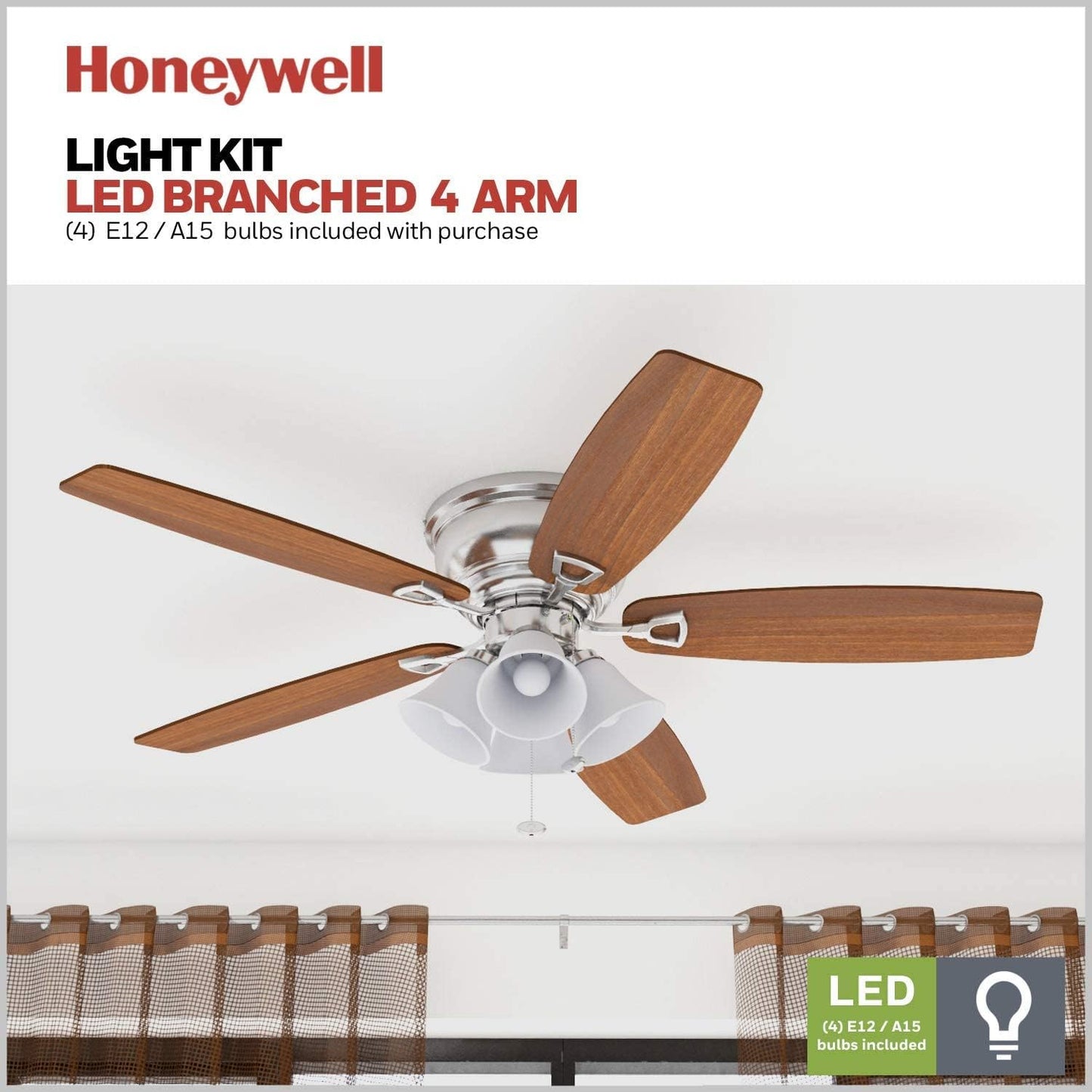 Honeywell Ceiling Fans Glen Alden, 52 Inch Classic Flush Mount Indoor LED Ceiling Fan with Light, Pull Chain, Quick-2-Hang Dual Finish Blades, Reversible Motor - 50182 (Brushed Nickel)