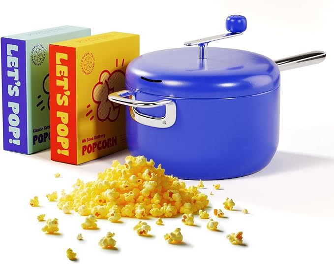 Popsmith Starter Bundle in Cobalt - 6 Quart Stovetop Popcorn Machine with 5 Movie Theater Popcorn & 5 Kettle Corn Popcorn Kits - Stainless Steel Popcorn Maker Compatible with All Stovetops