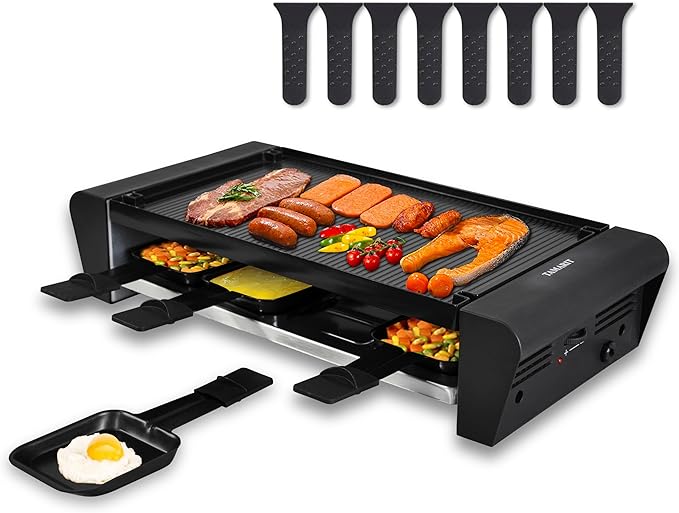 TAMARIT Raclette Table Grill for 8, 2-in-1 Raclette Grill Swiss Style Raclette PFAS Free Nonstick Reversible Grill/Griddle Plate, Adjustable Temperature Control, 1300W, 8 Raclette Cheese Pans, Black