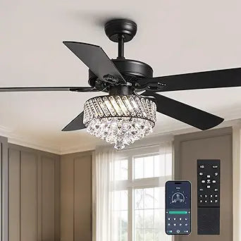 CROSSIO 52 Inch Crystal Ceiling Fan with Light Modern LED Black Fandelier Black Reversible Ceiling Fan with Remote & APP Control for Bedroom Living Room Dining Room