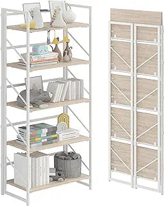 JSB No Assembly Folding Bookshelf, 5 Tier Industrial Metal Book Shelf for Storage, Vintage Wood foldable Bookcase for Living Room, Bedroom, Office Organization Shelves