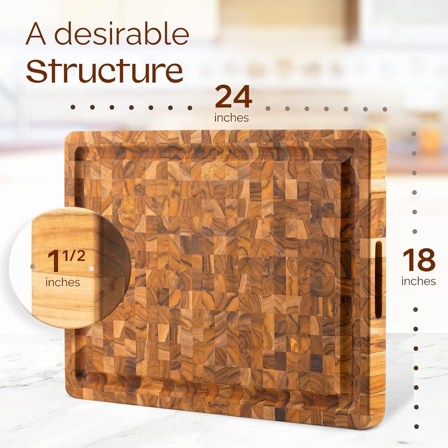 Yes4All Durable Teak Cutting Boards for Kitchen, [24''Lx18''Wx1.5” Thick] Extra Large End Grain Cutting Board, Pre Oiled Wood Cutting Boards, Thick Chopping Board w/Juice Grooves and Easy Grip Handle