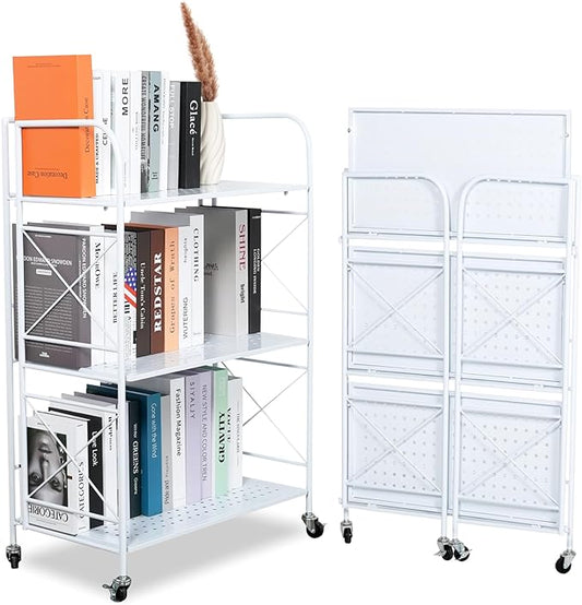 Folding Shelf 3 Tier,Folding Bookshelf,Foldable Shelf,Metal Folding Storage Shelves with Wheels,Folding Shelf Unit for Living Room,Kitchen,Study, 12.6" D x 23.6" W x 33.8" H, Glossy White