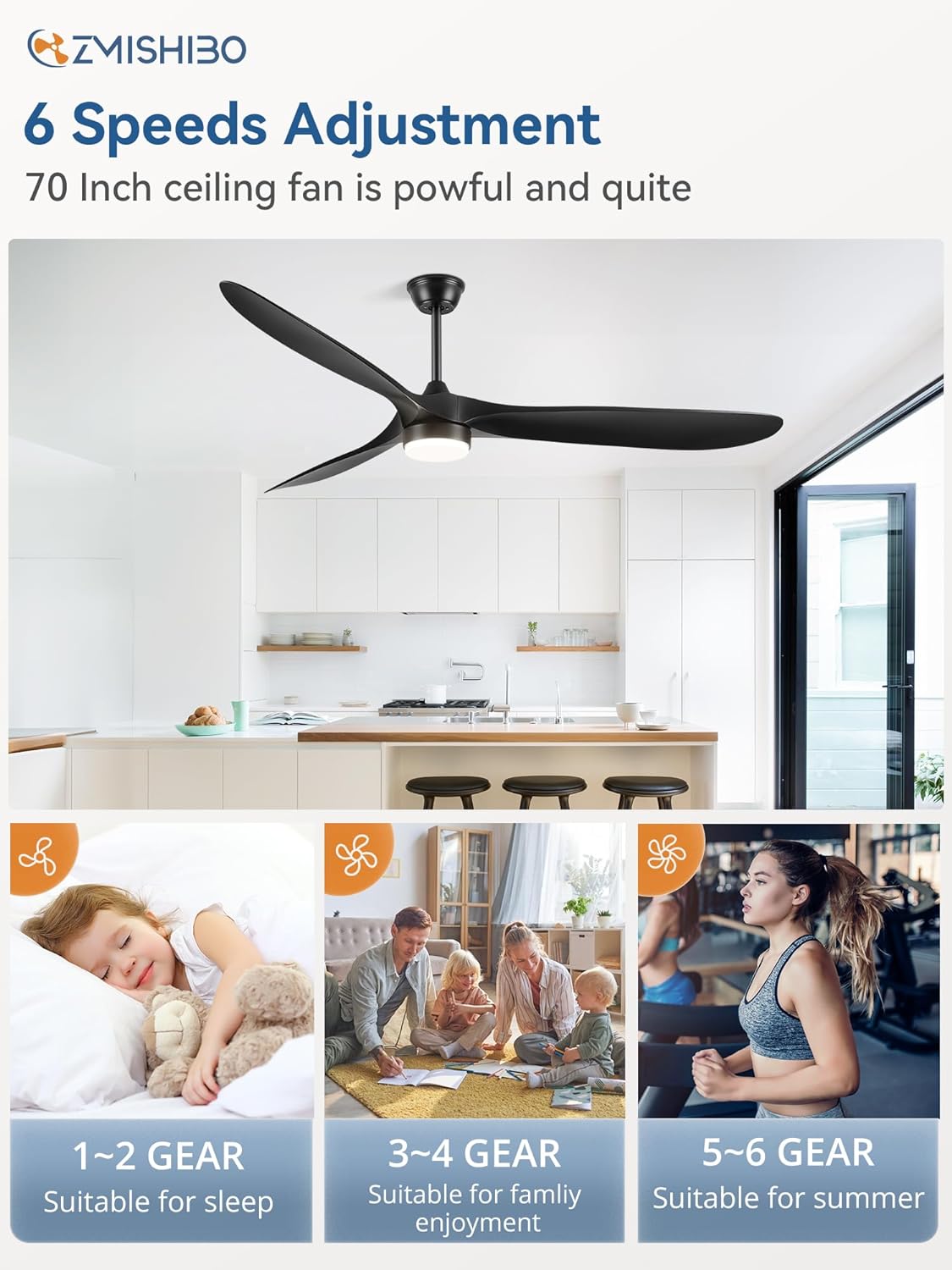 70 Inch Outdoor Ceiling Fan，Black Modern Ceiling Fans with Lights and Remote, 6 Speeds, 3 Large Blades Farmhouse Ceiling Fans with 3CCT for Bedroom, Living room, Patio