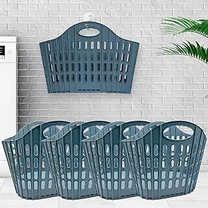 4 Pack Laundry Hampers, Collapsible Plastic Laundry Basket, Shopping Bag with Carry Handle, Foldable Washing Bin Kitchen Storage for Bathroom, Camping, Supermarket and Car Trunk, Blue