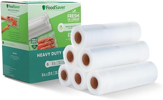 FoodSaver Heavy-Duty Vacuum Seal 8 x 20' Roll, 6-Pack, Ideal for Food Storage and Sous Vide Cooking