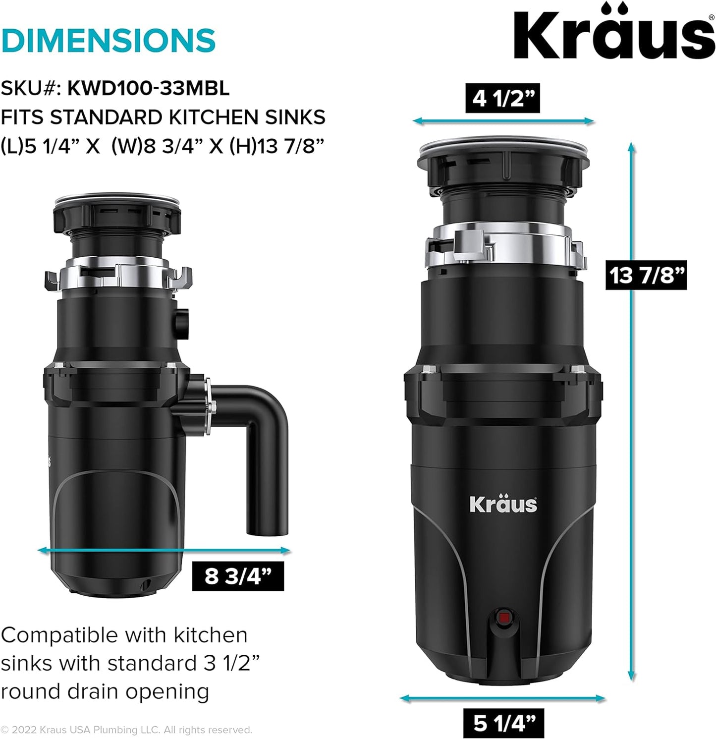 Kraus KWD100-33MBL WasteGuard Continuous Feed Garbage Disposal with Ultra-Quiet Motor for Kitchen Sinks with Power Cord and Flange Included, 1/3 HP, Black-Quick-Connect