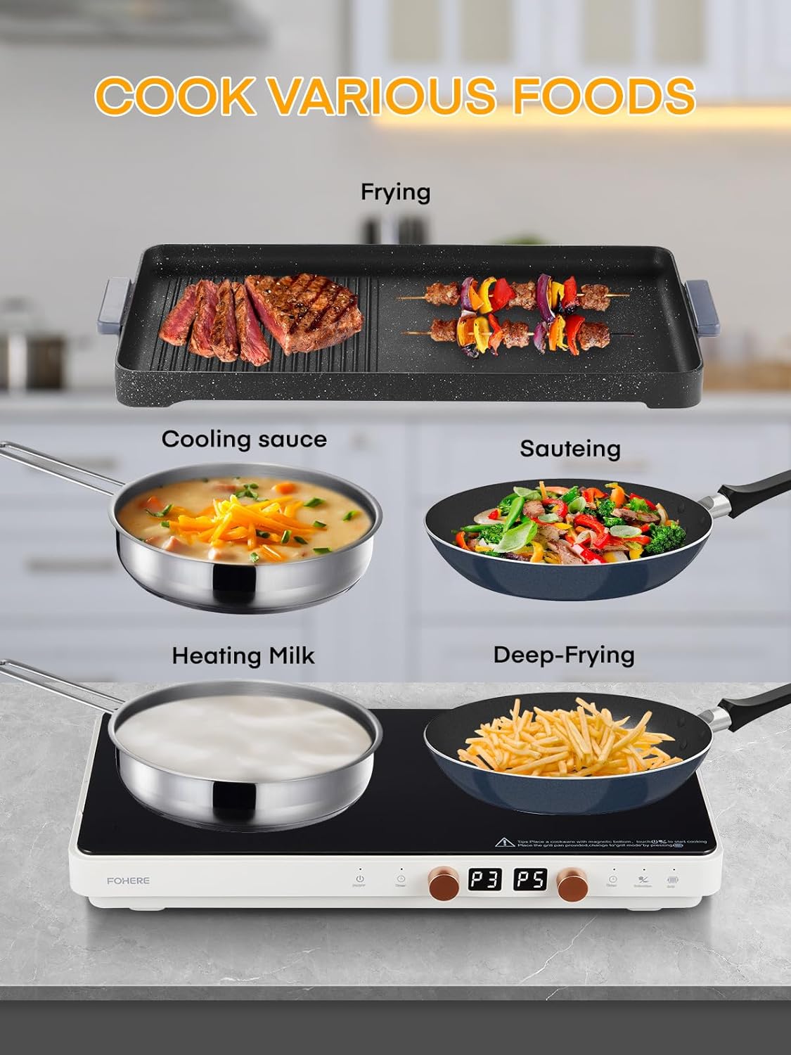 Induction Cooktop 2 Burners, Double Induction Hot Plate with Removable Iron Cast Griddle Pan Non-stick, Independent Temperature Control,Touch 8 Power Levels, 99 Min Timer for Magnetic Cookware