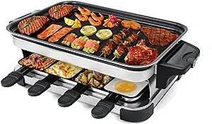 Petfu Raclette Table Grill 1300W Electric Grill Indoor Grill with 8 Mini Cheese Raclette Pans with Non-stick Plate Adjustable Temperature for Festivals Party Gatherings Thanksgiving Gifts Black+Silver