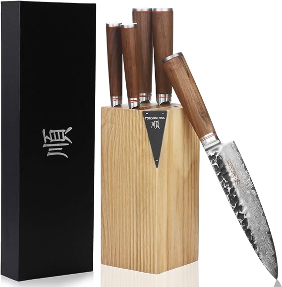 YOUSUNLONG Knife Block Sets 5pcs Kitchen Knives Set - Japanese Hammered Damascus Steel - Natural Fraxinus Americana Holder - Natural Walnut Wooden Handle with Gift Box