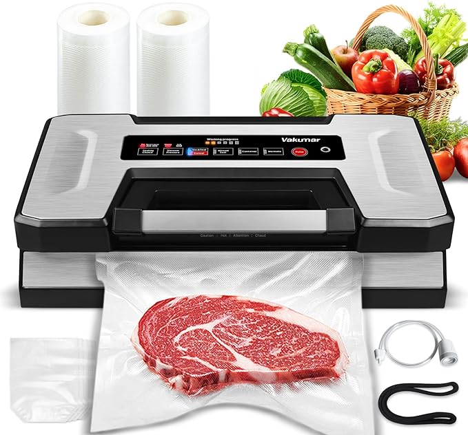 Vacuum Sealer, Vakumar 90Kpa Food Vacuum Sealer Machine Built-in Cutter & Bag Storage, Food Preservation Dry/Moist /Liquid Mode, Sauces and More, Handle Locked Design