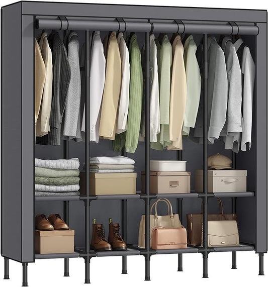 SONGMICS Wardrobe Closet, Heavy Duty Portable Closet, Freestanding Closet Rack, Clothes Organizer with Fabric Cover, 4 Hanging Rails, 8 Shelves, for Bedroom, Dove Gray URDR094G01