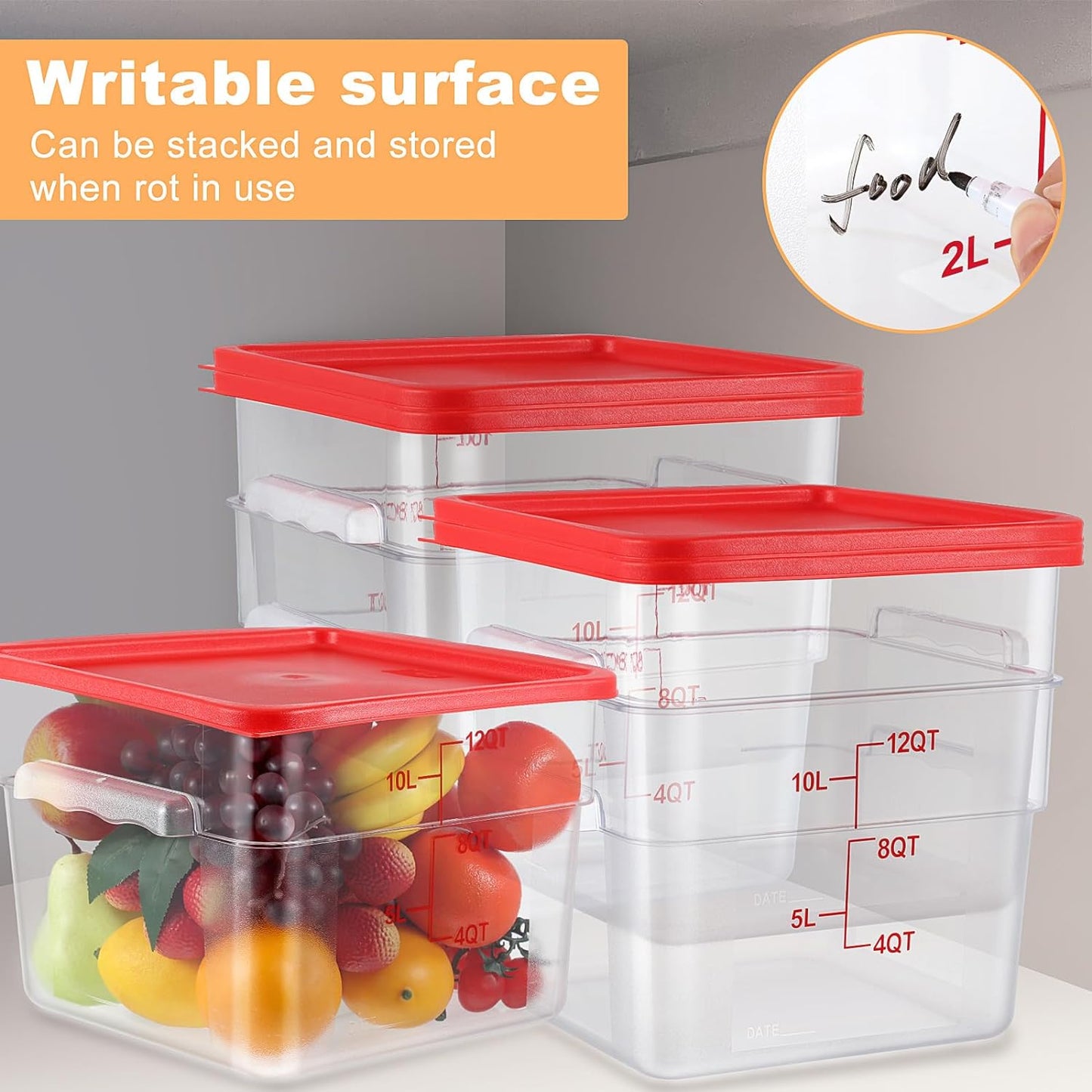 8 Pack Polycarbonate Square Food Storage Container with Red Lids 12 Qt Food Storage Containers Commercial Airtight Clear Bucket Brining Food Container