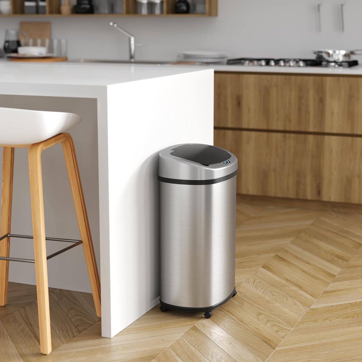 13 Gallon Sensor Trash Can with Wheels and AbsorbX Odor Control System, Stainless Steel, Oval Shape Automatic Kitchen and Office Garbage Bin (Powered by Battery or Optional AC Adapter)